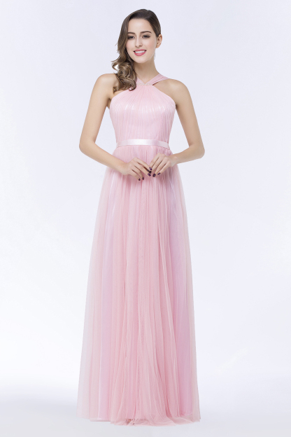 BMbridal Chic Tulle Ruffle Halter Sleeveless Pearls Bridesmaid Dress with Sash-BMbridal