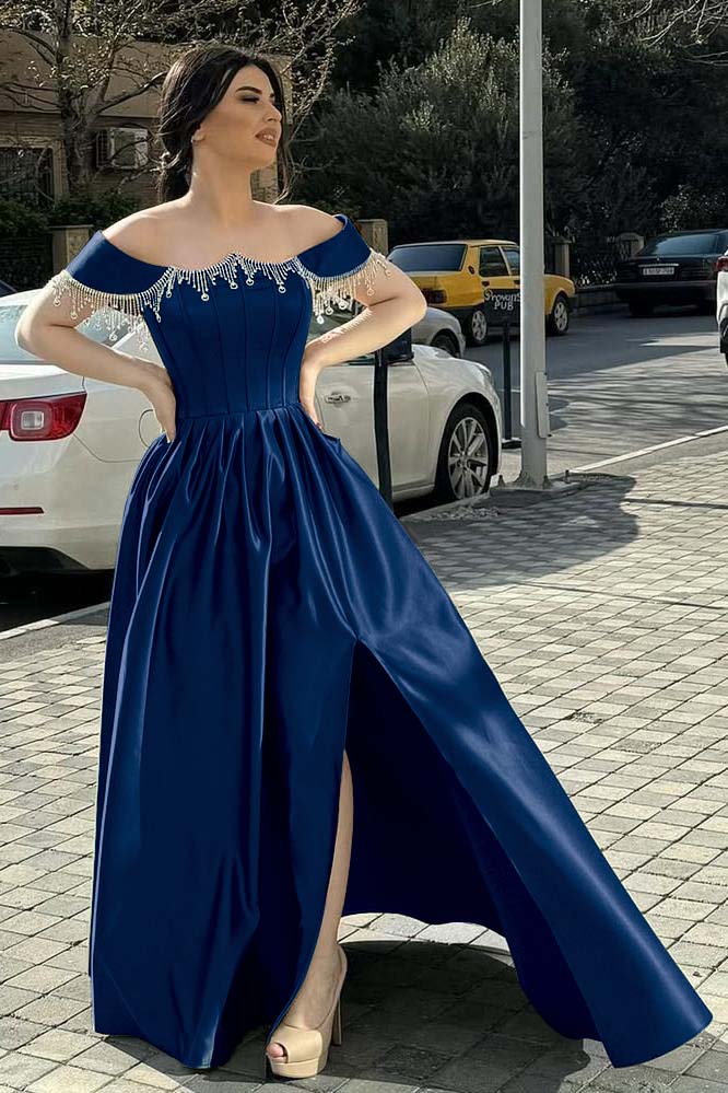 Off the Shoulder Sleeveless Long Split Prom Dress With Pleated Beading