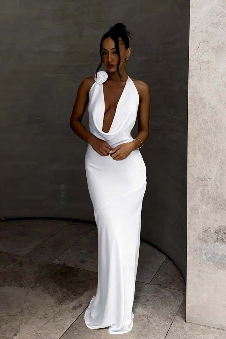 White Halter Sleeveless Mermaid Long Prom Dress With Pleated