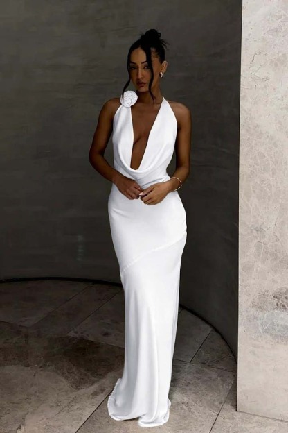 White Halter Sleeveless Mermaid Long Prom Dress With Pleated