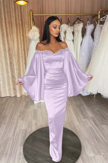 Off the Shoulder Long Sleeves Pleated Long Prom Dress With Beading