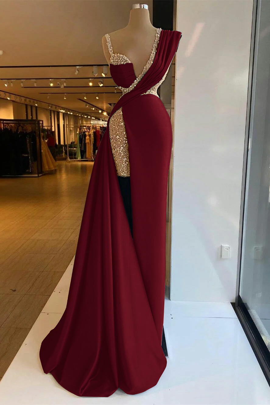 Straps Sleeveless High Split Long Prom Dress With Sequins Ruffles