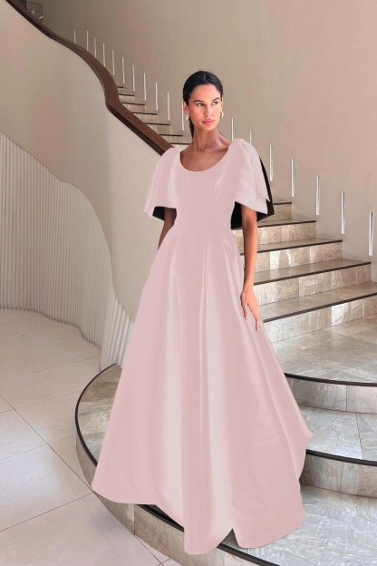 Jewel Neck Short Sleeves Long A Line Prom Dress With Pleated