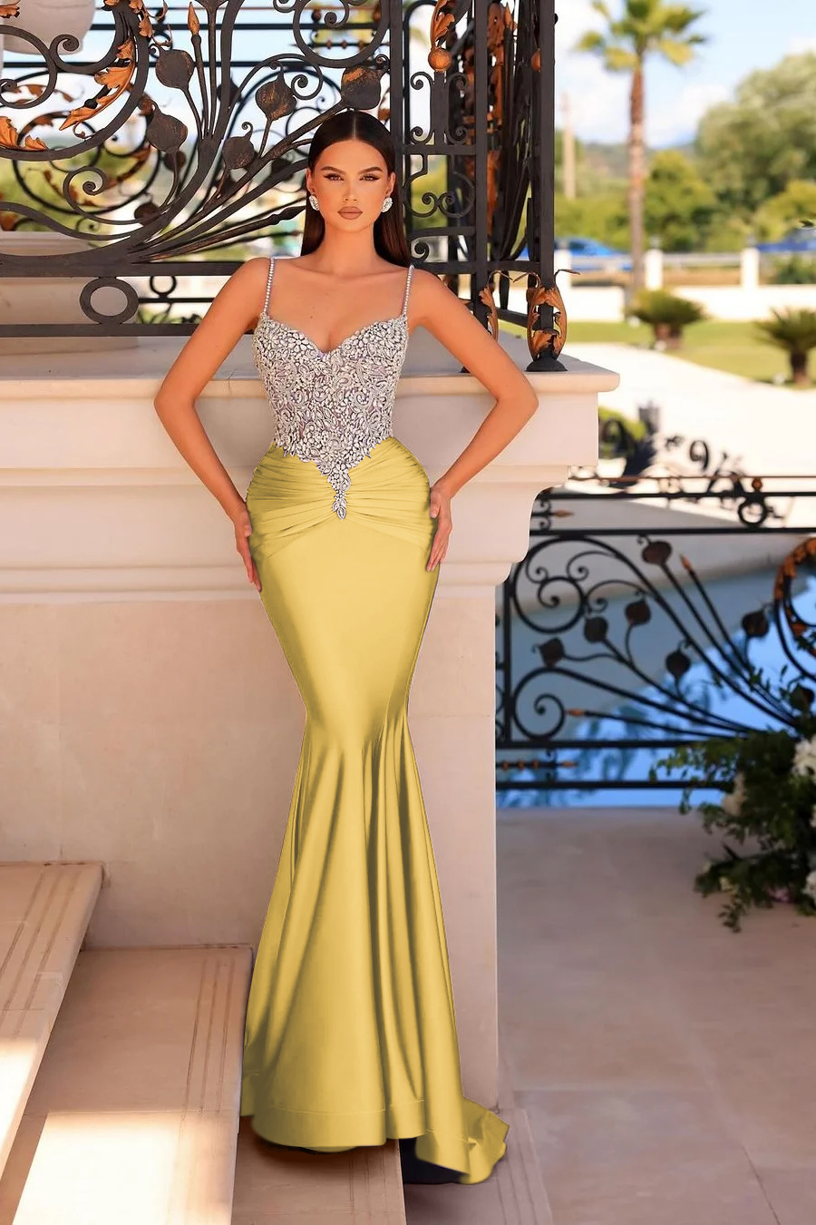 Straps Sleeveless Beading Mermaid Long Prom Dress With Pleated