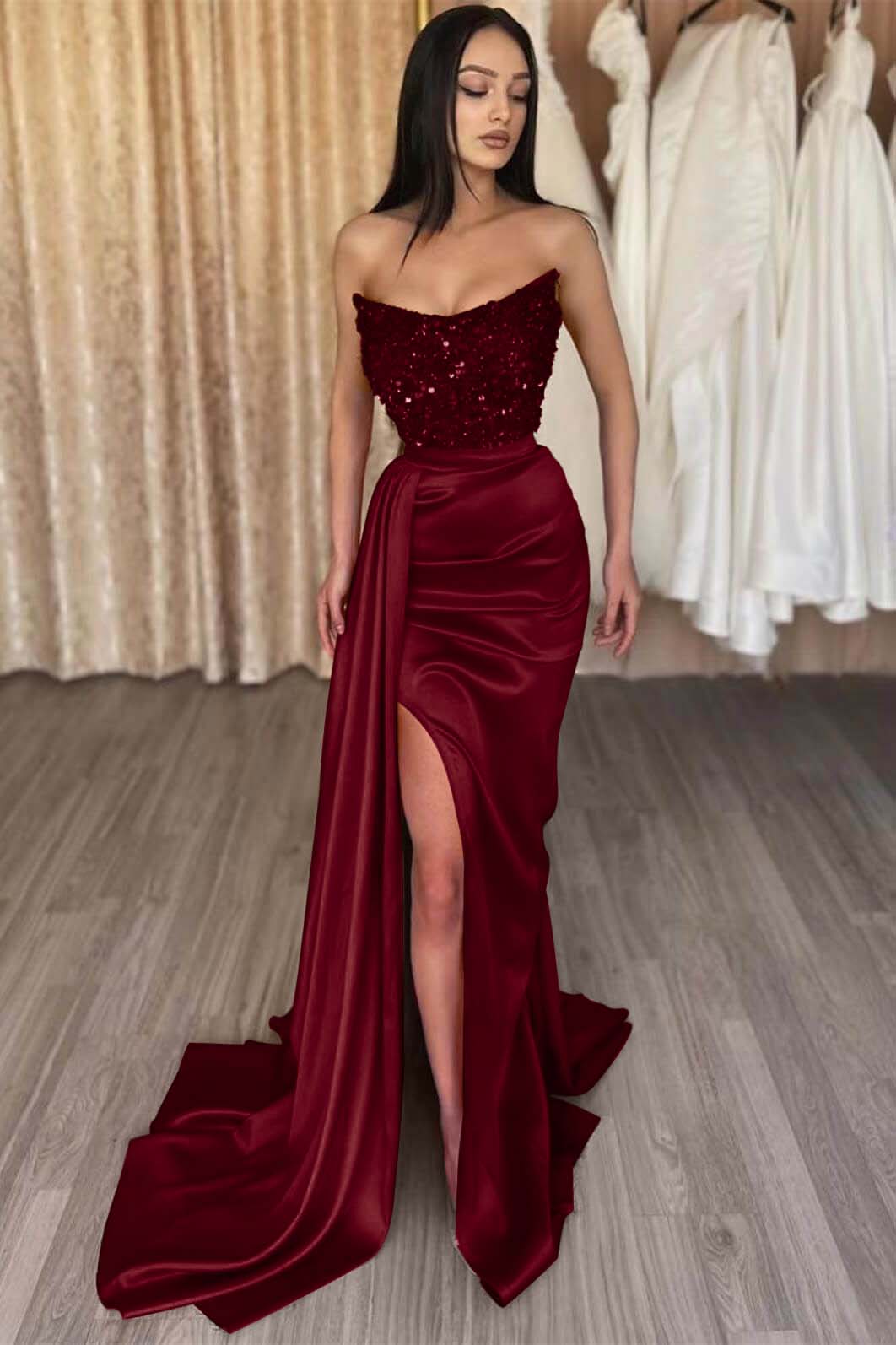 Red Strapless Elegant Sleeveless Long Sequins Prom Dress Mermaid Side Split