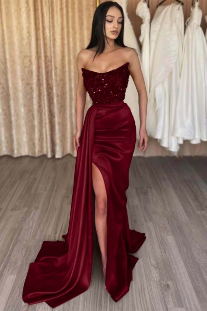 Red Strapless Elegant Sleeveless Long Sequins Prom Dress Mermaid Side Split