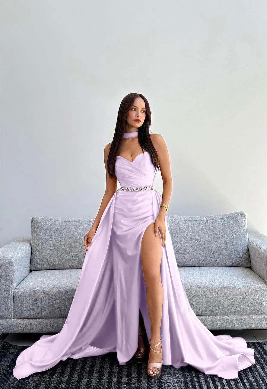 Black Halter Strapless Sweetheart  Sleeveless Mermaid Split Prom Dress With Gloves