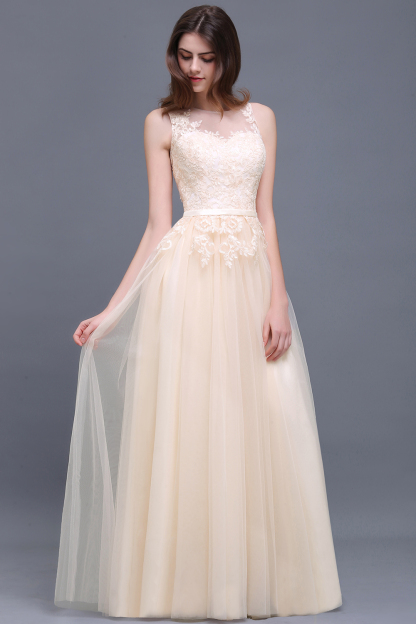 BMbridal Elegant Tulle Lace Champagne Long Bridesmaid Dress With Appliques-BMbridal
