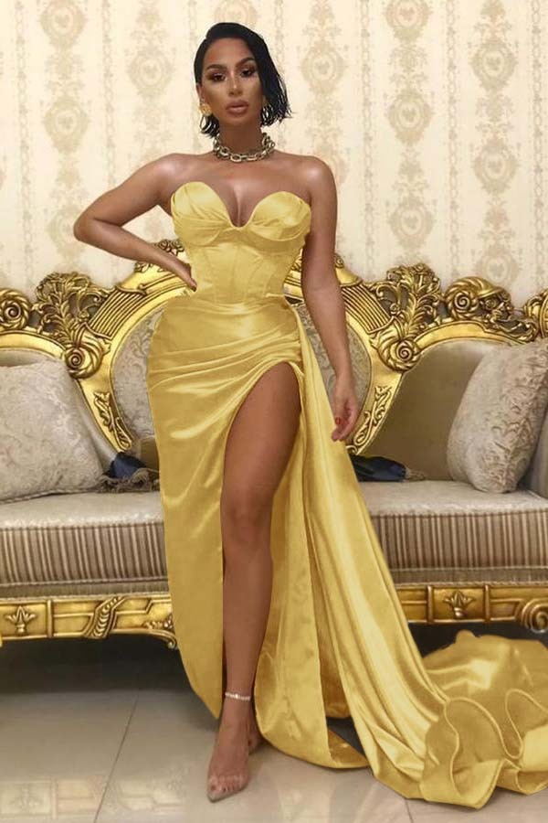 Long Sweetheart Sleeveless Strapless Pleated Long Prom Dress With High Split