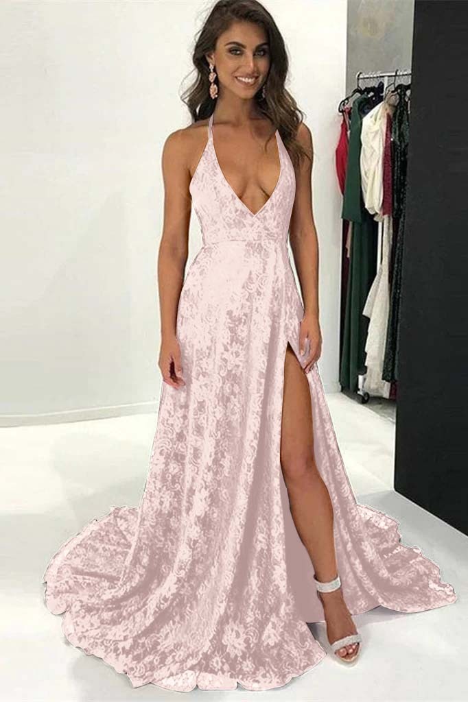 Burgundy Modern Halter Deep V Neck Backless Long Lace Prom Dress With Split