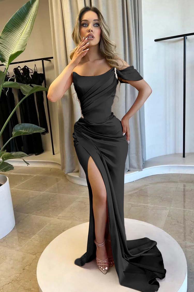 Strapless One Shoulder Long Mermaid Prom Dress With Split Beading