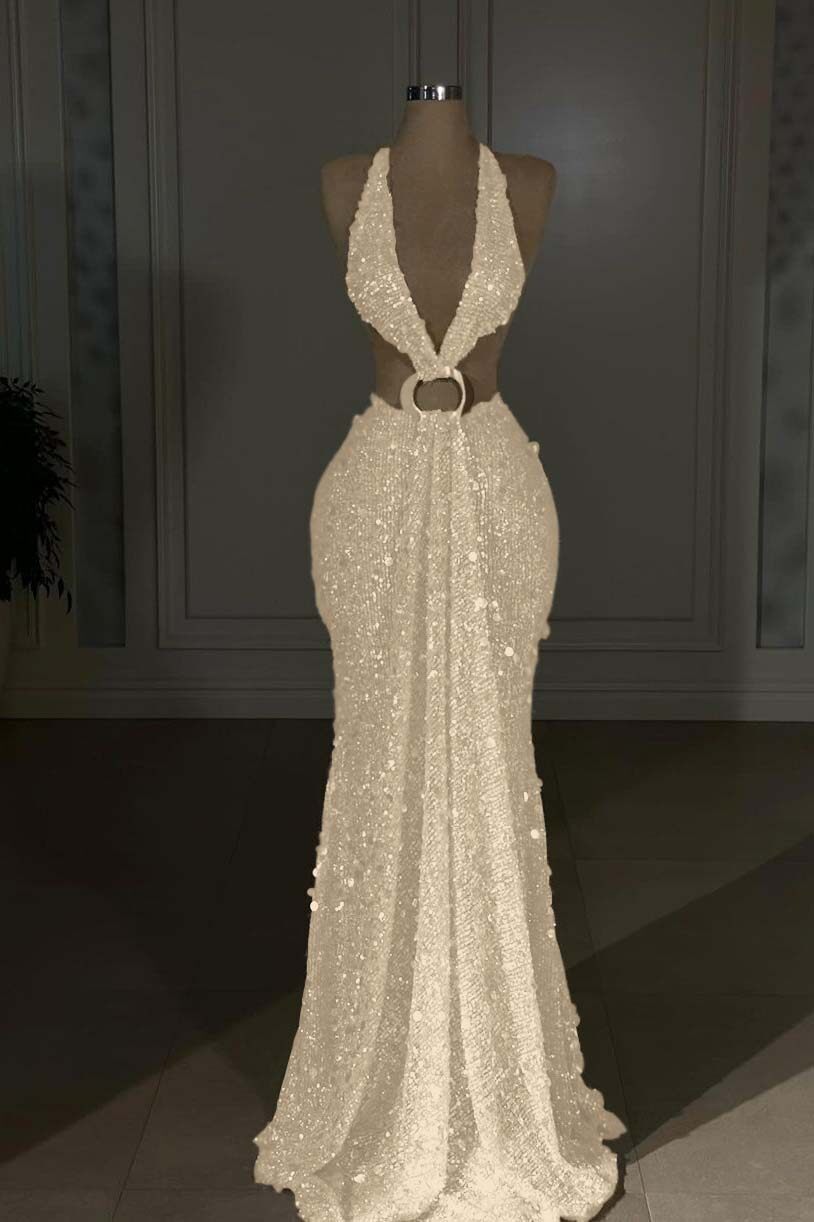 Halter Sleeveless Backless Long Mermaid Prom Dress With Sequins