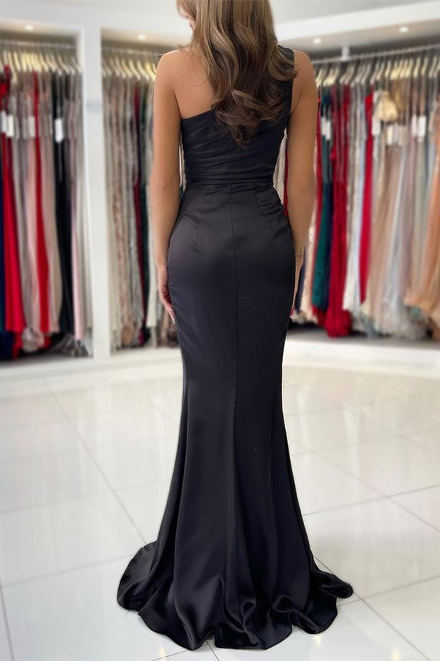 Black Sleeveless One Shoulder Pleated Prom Dress Mermaid With Side Split