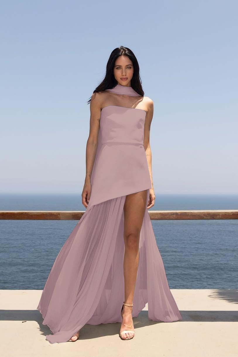 Strapless Sleeveless Split Long Prom Dress With Pleated Tulle