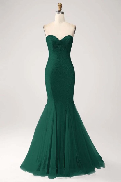 Strapless Sleeveless Long Mermaid Prom Dress With Beading Tulle