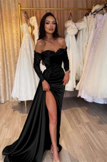 Off the Shoulder Long Sleeves Long Mermaid Prom Dress With Pleated