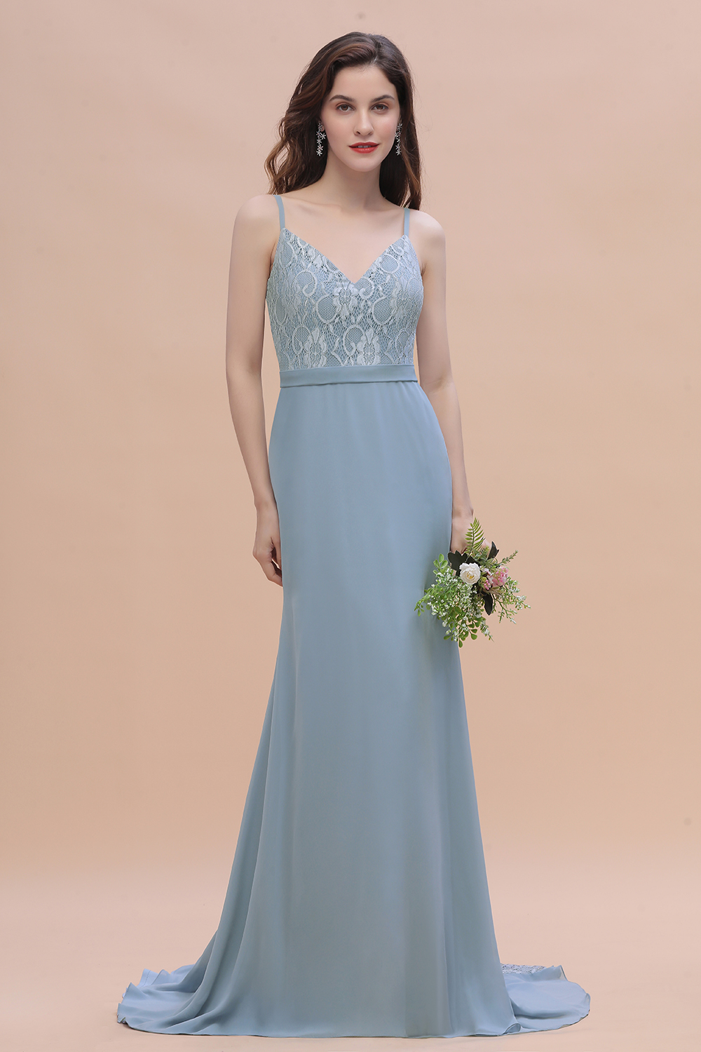 BMbridal Elegant Mermaid Chiffon Lace Dusty Blue Bridesmaid Dress with Spaghetti Straps On Sale-BMbridal