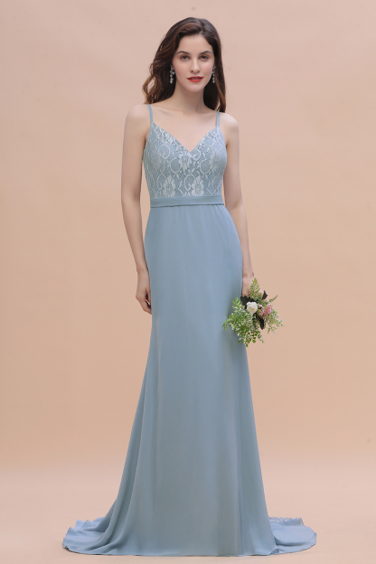 BMbridal Elegant Mermaid Chiffon Lace Dusty Blue Bridesmaid Dress with Spaghetti Straps On Sale-BMbridal