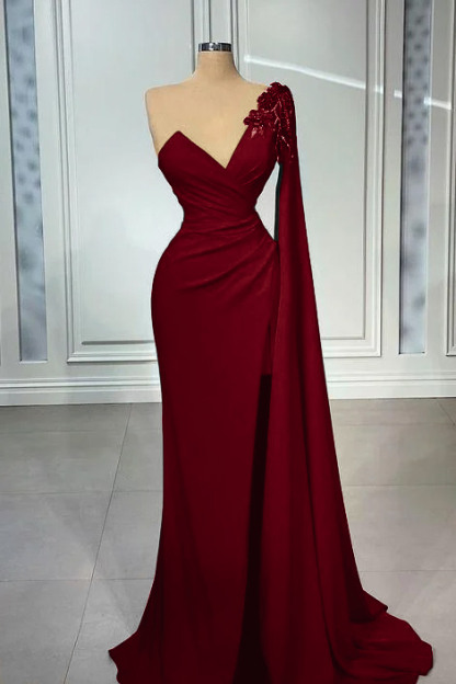 One Shoulder V Neck Mermaid Prom Pleated Dress Red Long Appliques With Ruffles