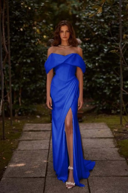 Off the Shoulder Sleeveless Long Mermaid Prom Dress With Split Pleated