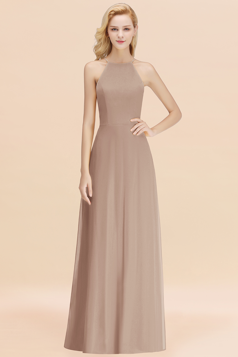 BMbridal Modest High-Neck Yellow Chiffon Affordable Bridesmaid Dresses Online-BMbridal