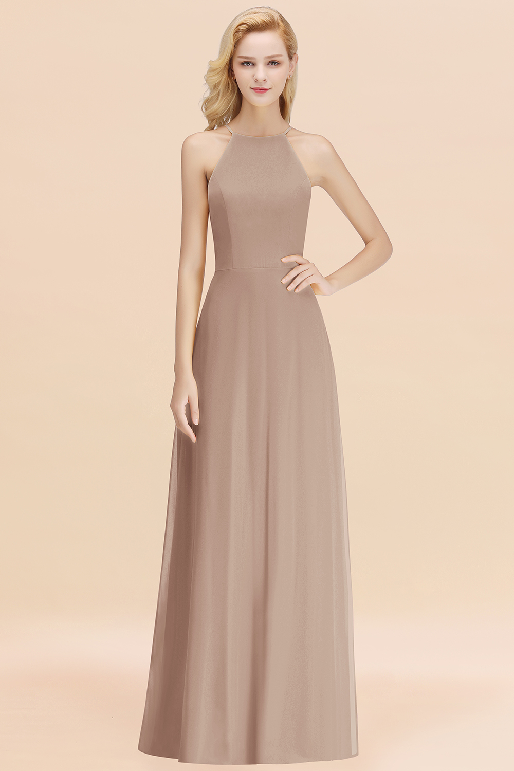 BMbridal Modest High-Neck Yellow Chiffon Affordable Bridesmaid Dresses Online-BMbridal