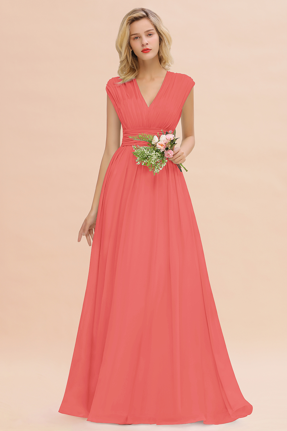BMbridal Elegant Chiffon V-Neck Ruffle Long Bridesmaid Dresses Affordable-BMbridal