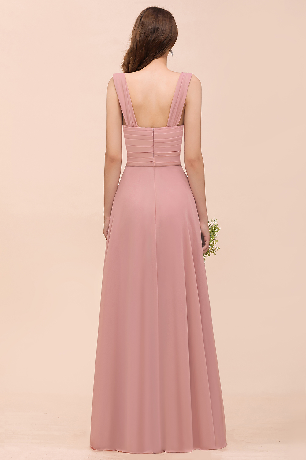 BMbridal Vintage Mauve Chiffon Straps Ruffle Affordable Bridesmaid Dress-BMbridal