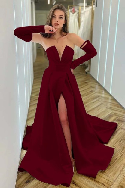 Chic White A Line V Neck Long Sleeves High Waist Long Prom Dress With Split
