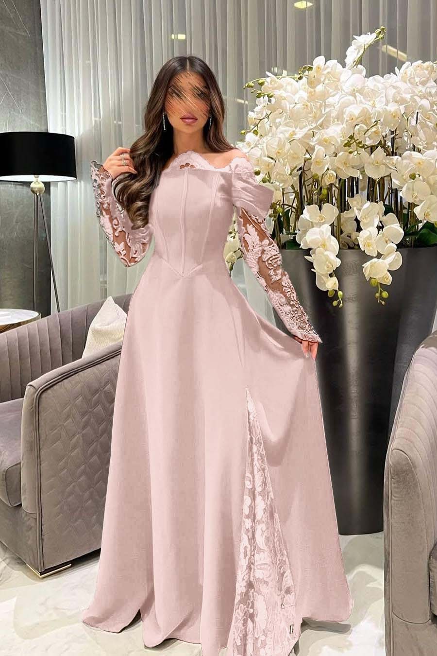 White Off the Shoulder Long Sleeves Long Prom Dress With Appliques