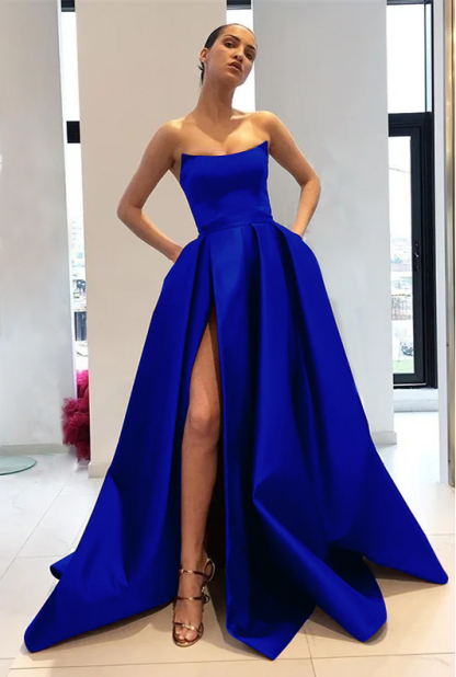 Chic Strapless Burgundy Sleeveless A Line Long Prom Dress With Front Split