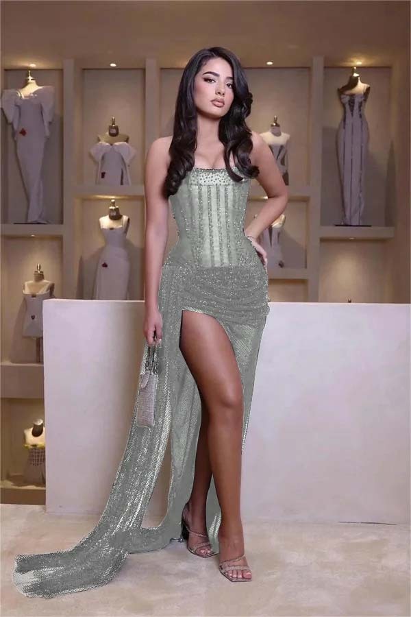 Stunning Black Strapless Sleeveless Mermaid Long Split Prom Dress With Beading