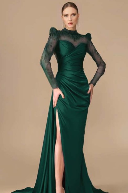 Long Sleeves Long Mermaid Prom Dress With Split Pleated Appliques