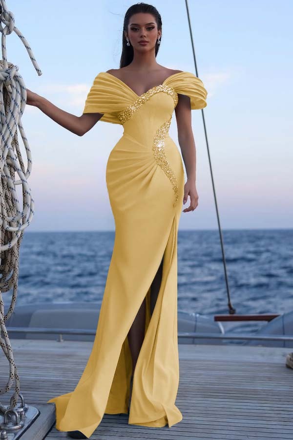 Off the Shoulder Sleeveless Long Mermaid Prom Dress With Sequins
