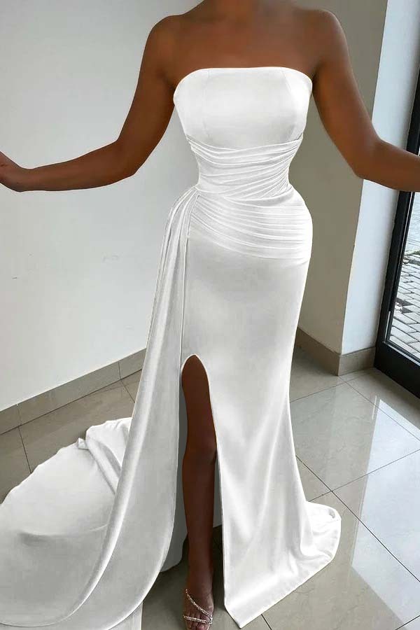 Yellow Strapless Sleeveless Ruffles Prom Dress Court With Split