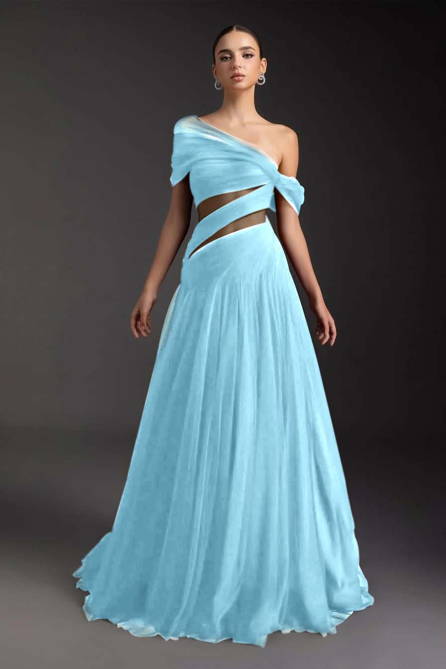 Glamorous Tulle One Shoulder Sleeveless Long Prom Dress With Pleated