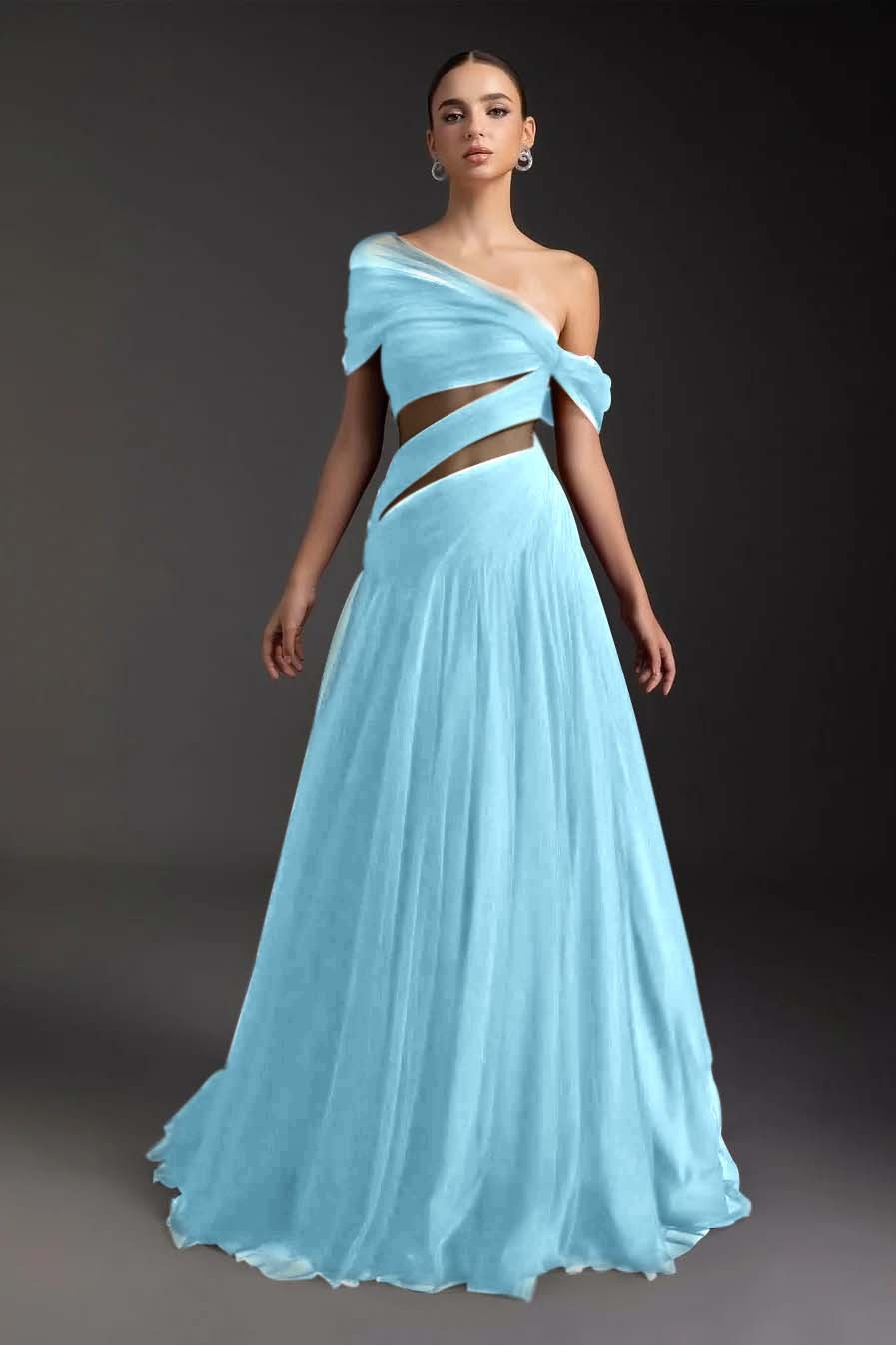Glamorous Tulle One Shoulder Sleeveless Long Prom Dress With Pleated