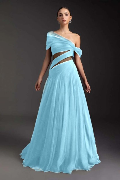 Glamorous Tulle One Shoulder Sleeveless Long Prom Dress With Pleated
