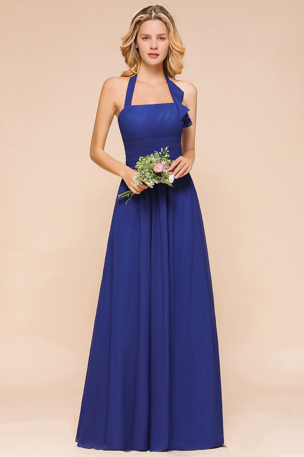 BMbridal Stylish Halter Backless Royal Blue Bridesmaid Dress Affordable with Ruffle-BMbridal