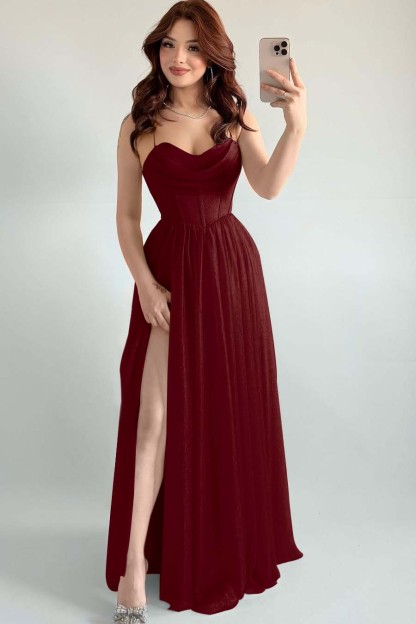 Spaghetti Strap Sleeveless Long High Split Prom Dress With Pleated