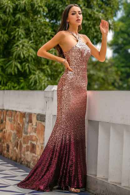 Sparkly Pink Sequins Halter Mermaid Long Prom Dress