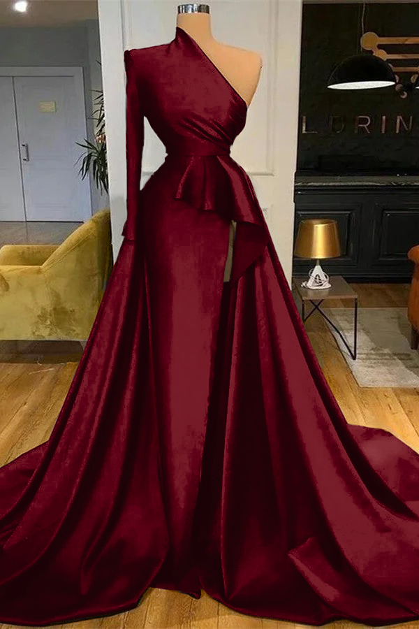 Mermaid Long Sleeve One Shoulder Dark Blue Long Prom Dress With High Split