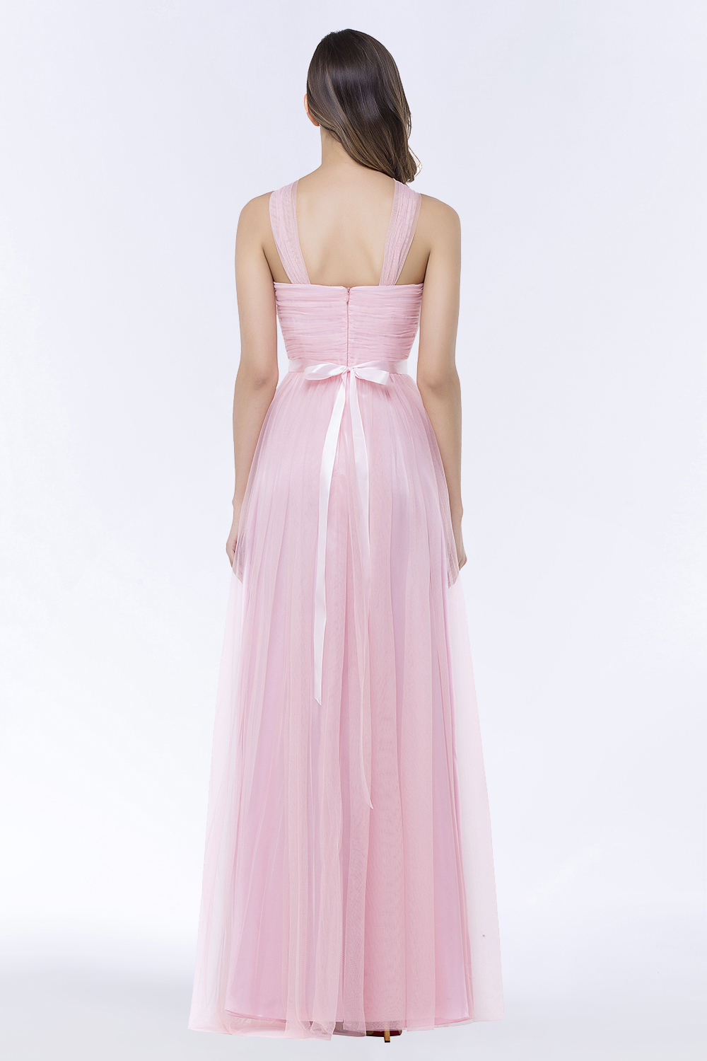 BMbridal Chic Tulle Ruffle Halter Sleeveless Pearls Bridesmaid Dress with Sash-BMbridal