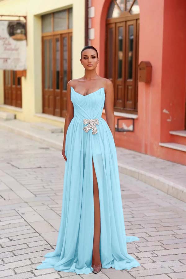 Strapless Sleeveless Long Split Prom Dress With Pleated Beading