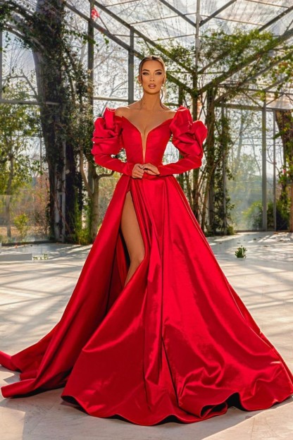 Sexy Prom Dress Red V Neck Bubble Long Sleeves With High Split