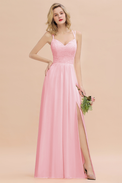 BMbridal Spaghetti-Straps Coral Lace Bridesmaid Dresses with Slit-BMbridal