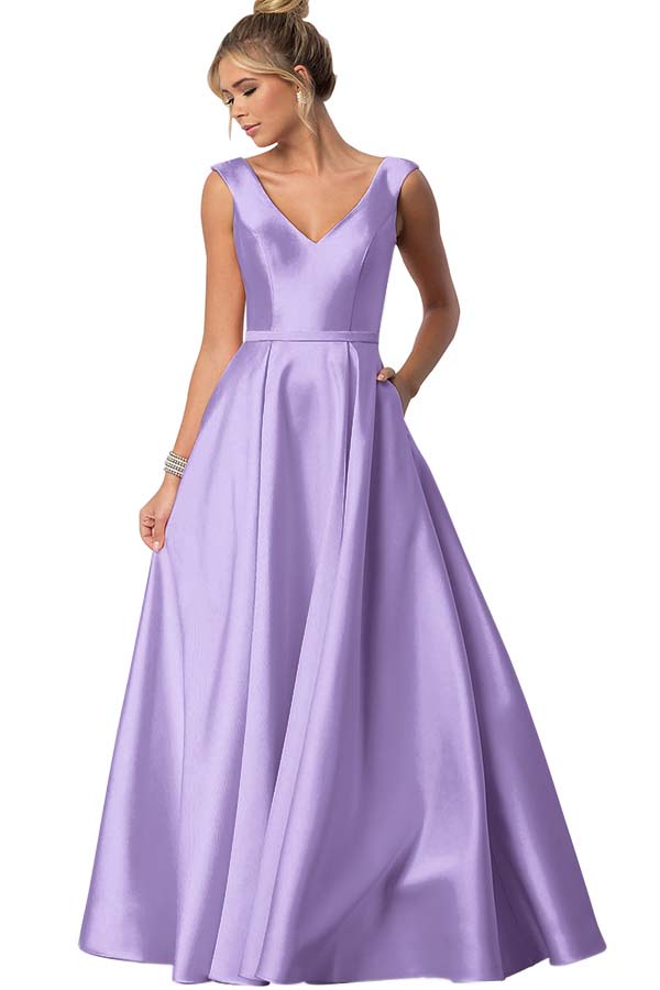 Straps V Neck Sleeveless Long Prom Dress With Pockets Pleated