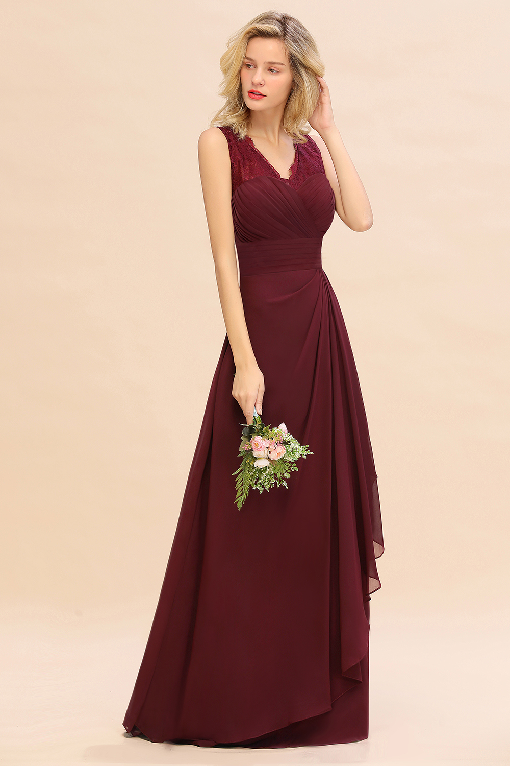 BMbridal Elegant Lace V-Neck Burgundy Chiffon Bridesmaid Dresses with Ruffle-BMbridal