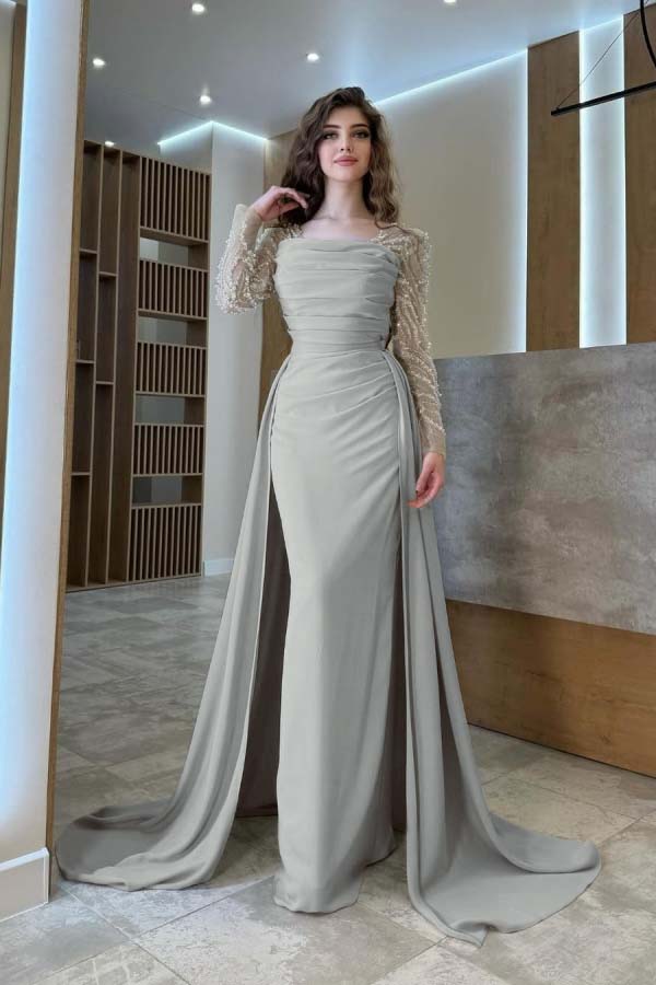 Long Sleeves Square Neck Long Mermaid Prom Dress With Pleated