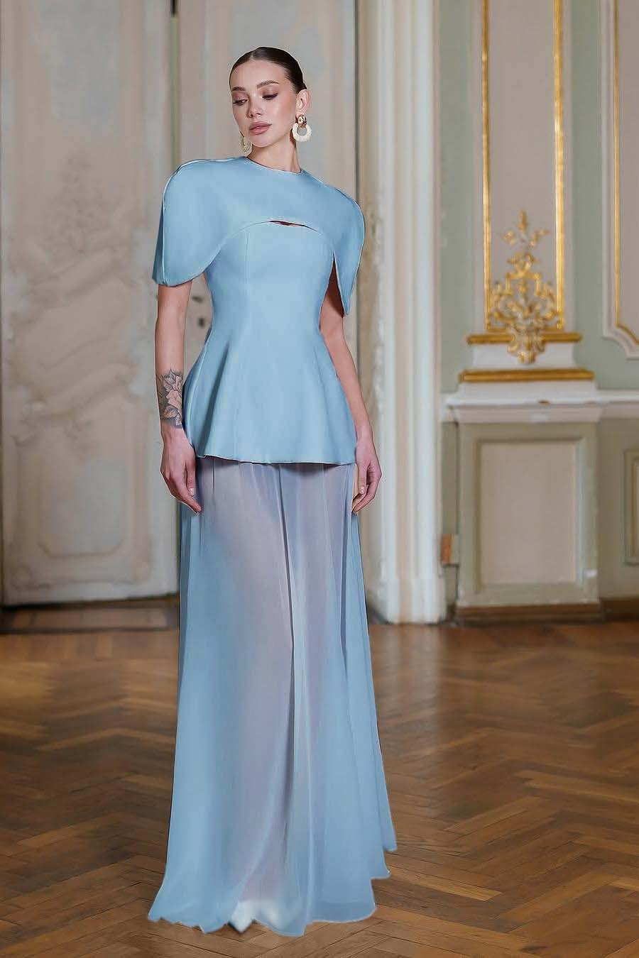 Chiffon Sleeveless Long Mermaid Prom Dress With Pleated Shawl